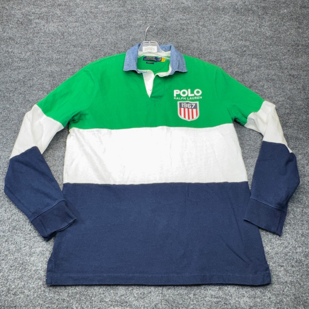 Polo Ralph Lauren Rugby Shirt Mens Medium Green 1967 Colorblock Chambray Collar